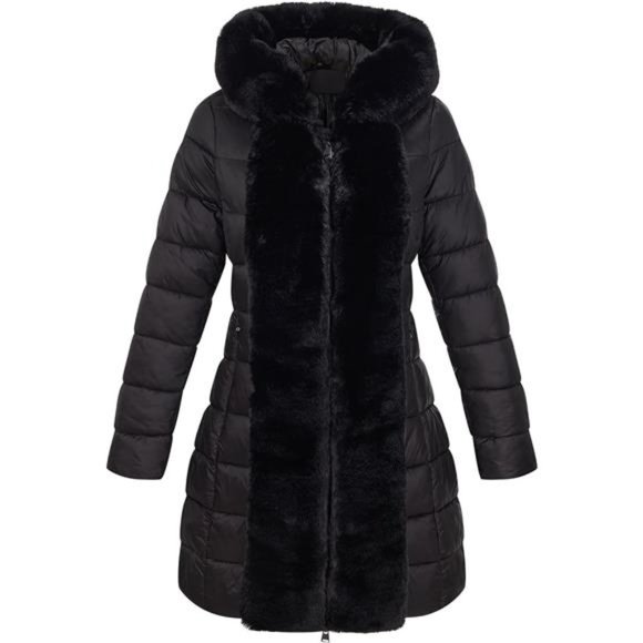Women's Puffer Coat Faux Leather Long Padding Hooded Jacket with Belt
